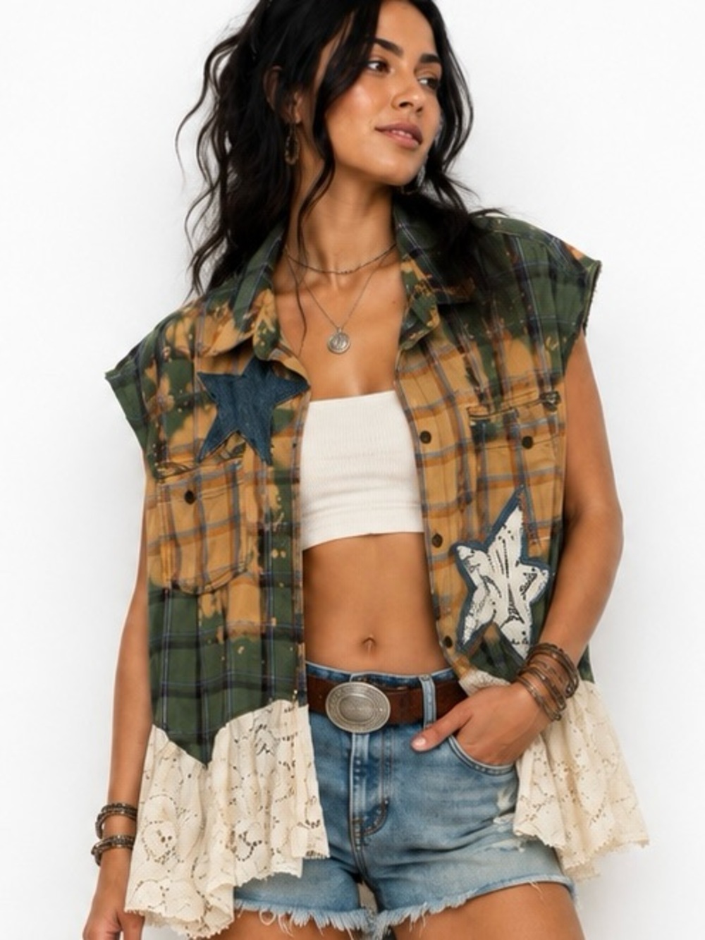 Upcycled distressed bleached flannel star applique and tattered lace bottom